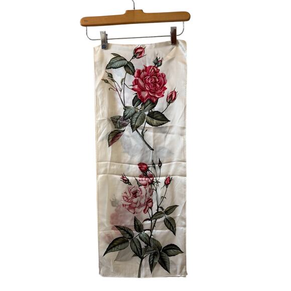 ECHO Oblong Rose Print Silk Scarf Off White Red Pink - Picture 1 of 7